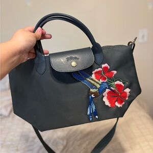 LONGCHAMP Embroidered Floral Green Handbag with Hummingbird Engraving